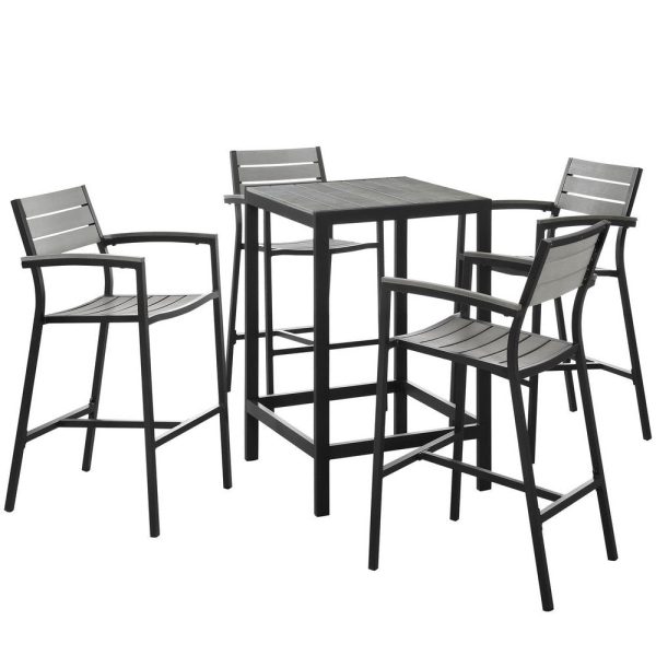 Modway Maine Aluminum 5-Piece Outdoor Patio Pub Bistro Set with 28  Bar Table and Four Bar Stools in Brown Gray For Cheap