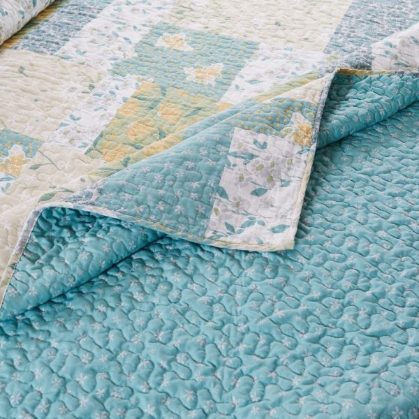 Evane Quilted Throw Blanket with Floral Design, Mist Blue and White Cotton By Casagear Home Cheap - Image 3