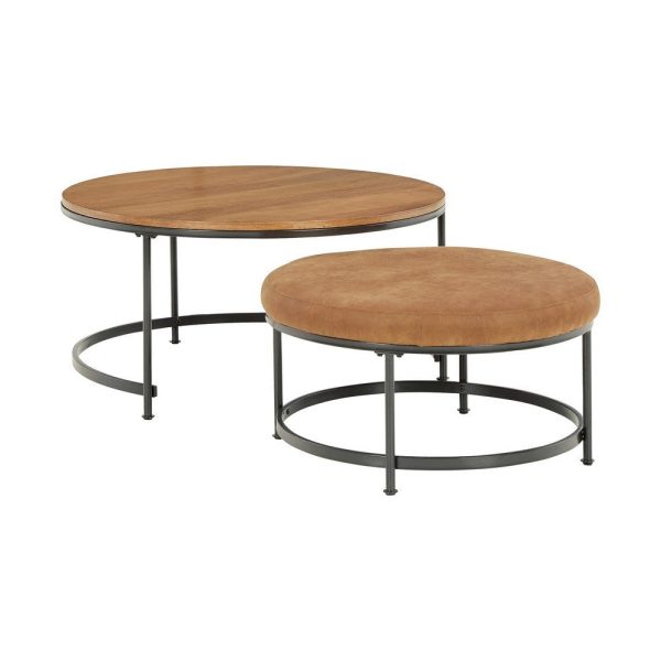Ashley Modern 2 Piece Nesting Coffee Table And Ottoman Set, Mango Wood, Brown Hot on Sale
