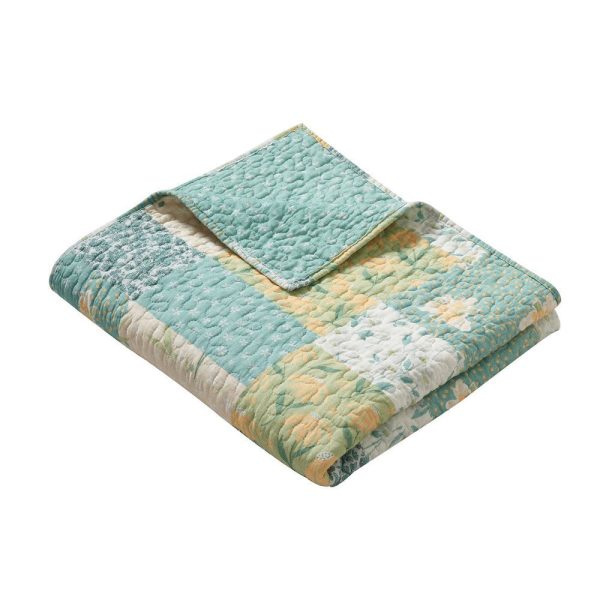 Evane Quilted Throw Blanket with Floral Design, Mist Blue and White Cotton By Casagear Home Cheap